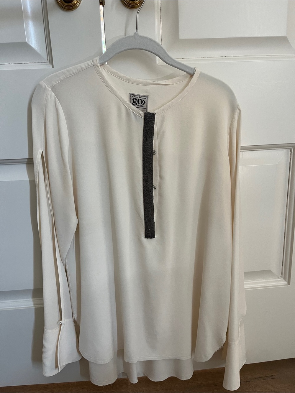 Cream washable silk Long-Sleeve Blouse with Charcoal Sparkle